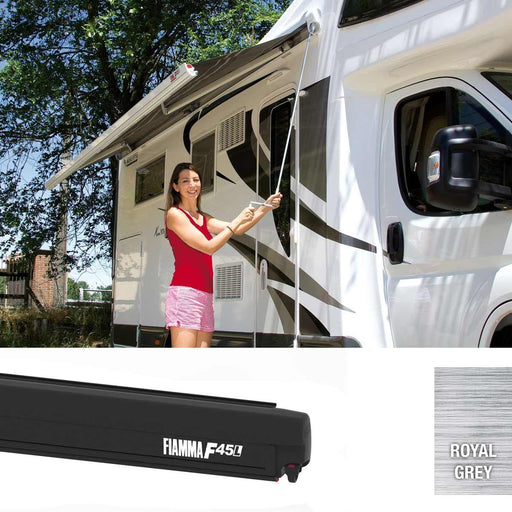 Fiamma Deep Black F45L 500 Awning with Royal Grey Fabric (06533A01R) Fiamma - Dynamic Drive