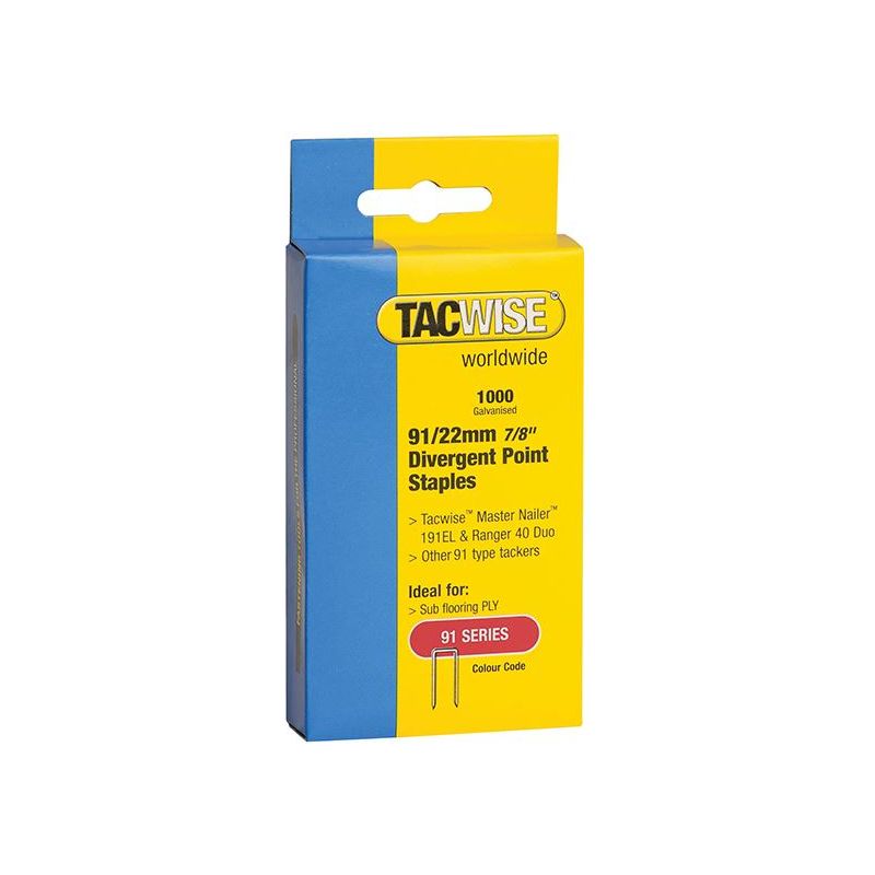 Tacwise 91 Narrow Crown Divergent Point Staples 22mm - Electric Tackers (Pack 1000) Tacwise - Dynamic Drive