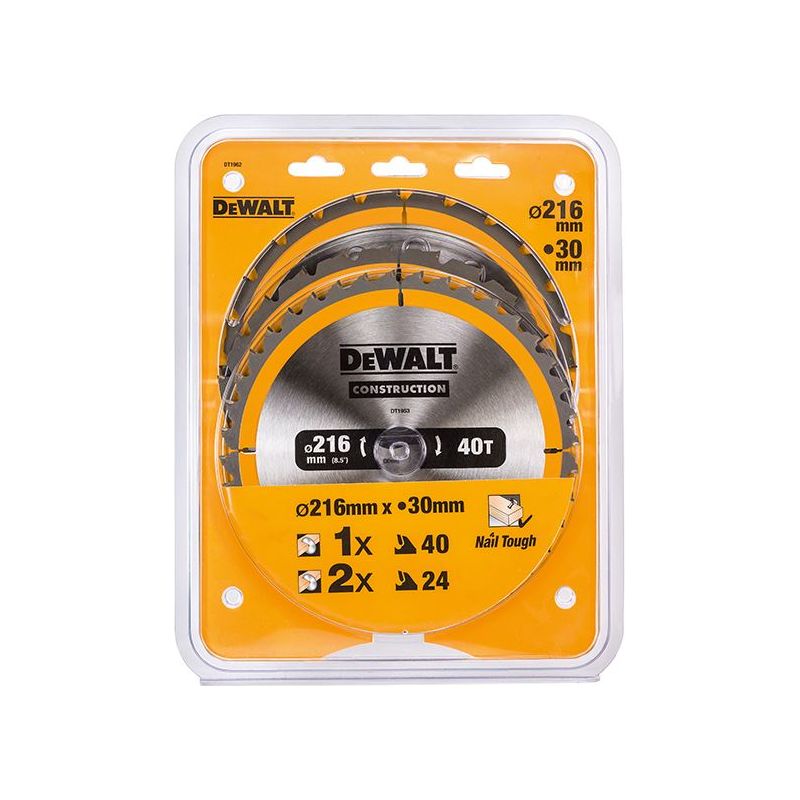 Dewalt Power Tools DT1962 Construction Circular Saw Blade 3 Pack 216 x 30mm 2 x 24T 1 x 40T DeWALT Power Tools - Dynamic Drive