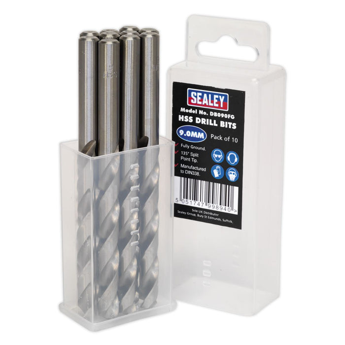 Sealey HSS Fully Ground Drill Bit 9mm Pack of 10 DB090FG Sealey  - Dynamic Drive