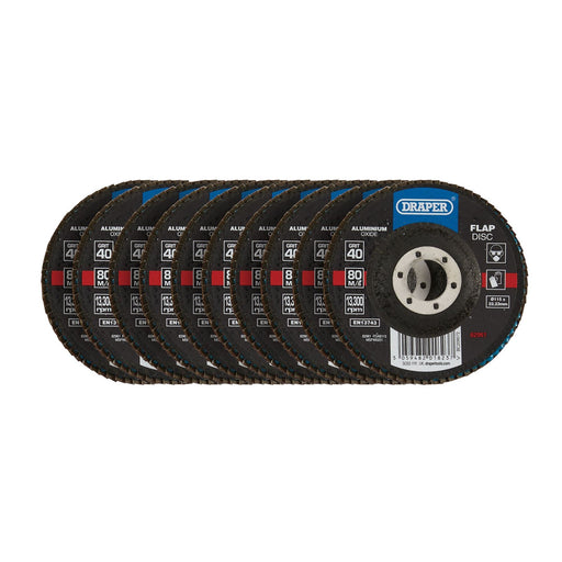 Draper Aluminium Oxide Flap Discs, 115 x 22.23mm, 40 Grit (Pack of 10) 82961 Draper - Dynamic Drive