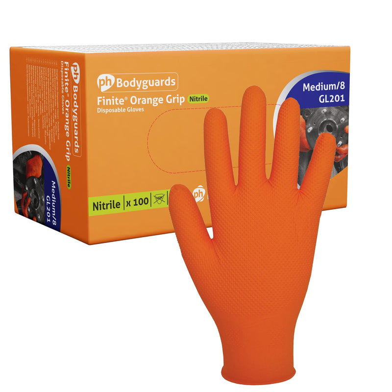 Bodyguard Finite Orange Grip Textured Grip Pattern Nitrile Gloves Medium Box 90 Bodyguard - Dynamic Drive