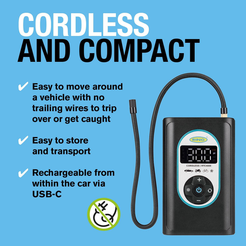 Ring Automotive RTC4000 cordless tyre inflator air compressor car pump. Recharge Ring Automotive - Dynamic Drive
