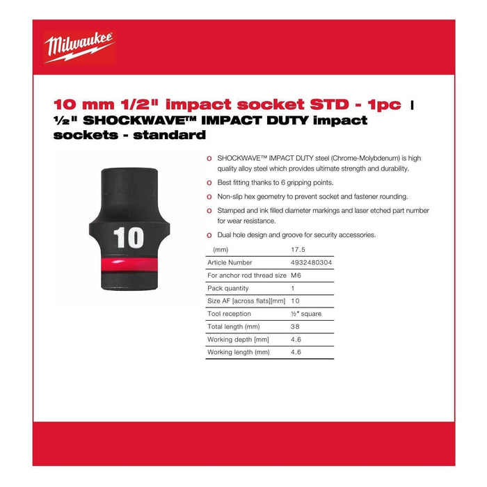 Milwaukee Hex Socket Shw 1/2 Std 10mm-1Pc 4932480304 Milwaukee - Dynamic Drive