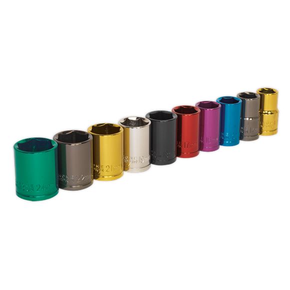 Sealey Premier 10pc 1/2" Drive Multi Coloured Hex Socket Set 13-24mm WallDrive Sealey  - Dynamic Drive