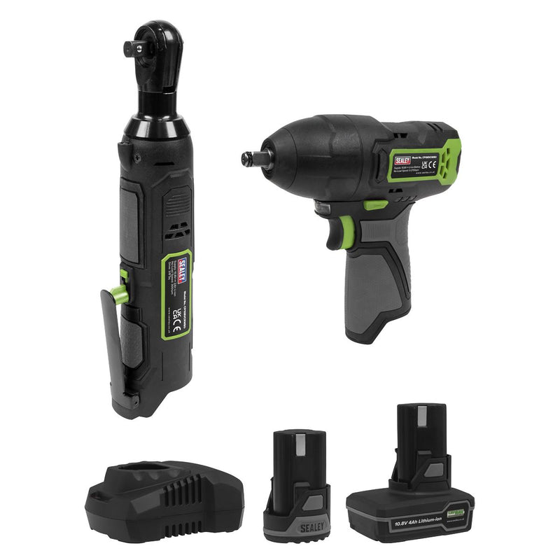 2 x SV10.8 Series Cordless Impact Wrench & Ratchet Wrench Kit 10.8V 2 Batteries Sealey - Dynamic Drive