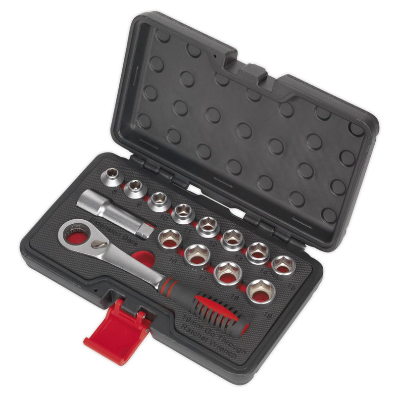Sealey Premier 14pc Low Profile Go Through Socket Set 8-19mm 72 Tooth Ratchet Sealey  - Dynamic Drive