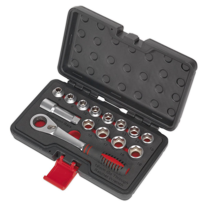 Sealey Premier 14pc Low Profile Go Through Socket Set 8-19mm 72 Tooth Ratchet Sealey  - Dynamic Drive