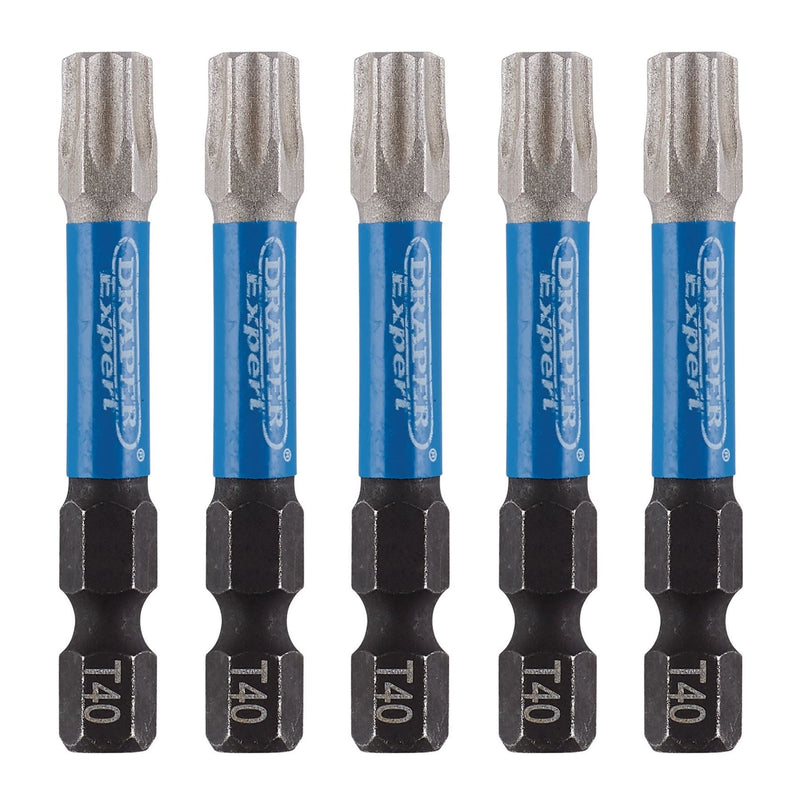 Draper Expert TX-STAR Impact Screwdriver Bits, T40 x 50mm, 1/4" Hex (Pack of 5) Draper - Dynamic Drive