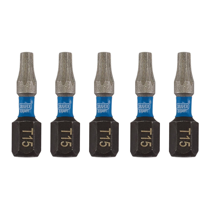 Draper Expert TX-STAR Impact Screwdriver Bits, T15 x 25mm, 1/4" Hex (Pack of 5) Draper - Dynamic Drive