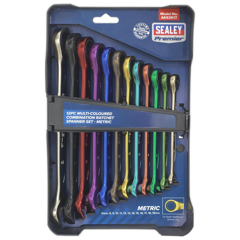 Sealey Combination Ratchet Spanner Set 12pc Multi-Coloured Metric Sealey - Dynamic Drive