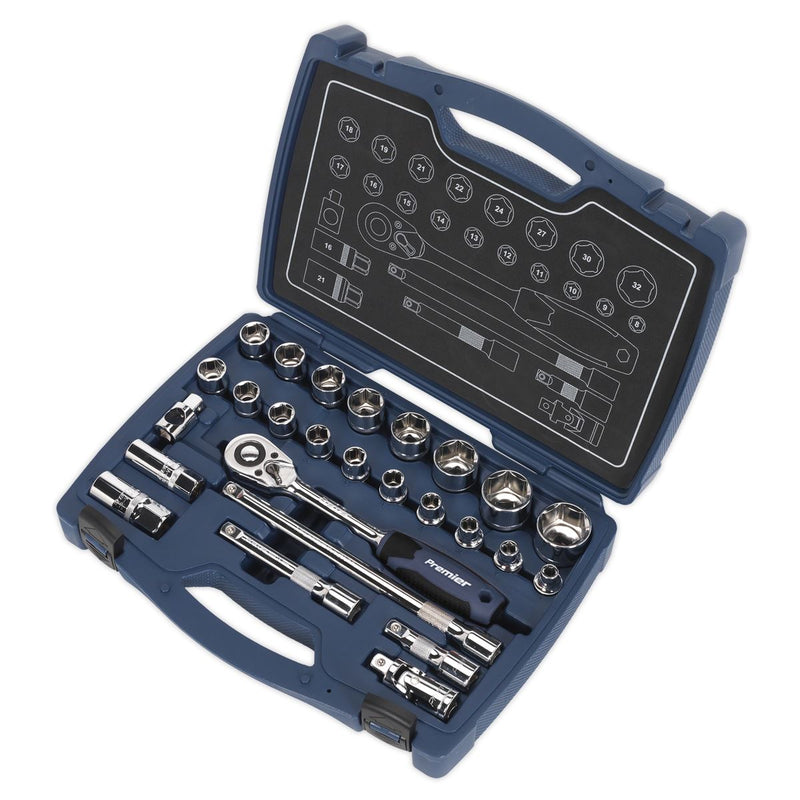 Sealey Premier 26pc 1/2" Drive WallDrive Metric Socket Set 8-32mm Ratchet Handle Sealey  - Dynamic Drive
