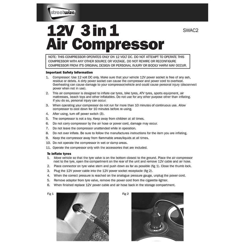 Streetwize Tyre Inflator - 12V - Compressor With Gauge & Light - 0-260 PSI Streetwize - Dynamic Drive