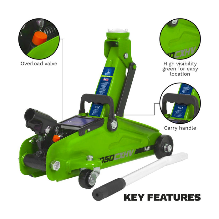 Sealey Short Chassis Trolley Jack 2 Tonne - Green 1050CXHV Sealey - Dynamic Drive