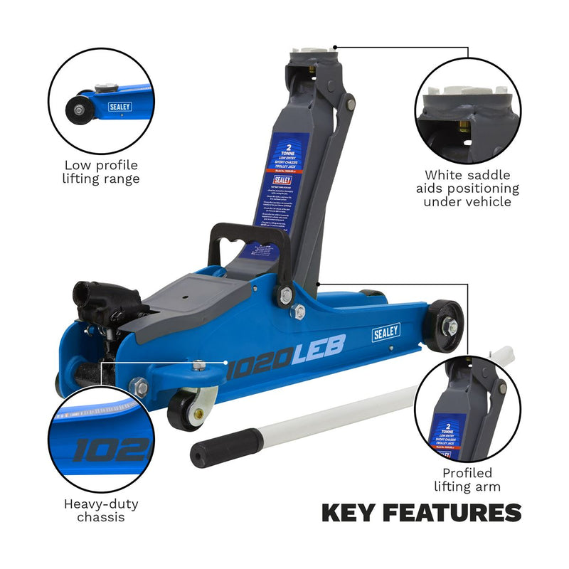 Sealey Low Profile Short Chassis Trolley Jack 2 Tonne - Blue 1020LEB Sealey - Dynamic Drive