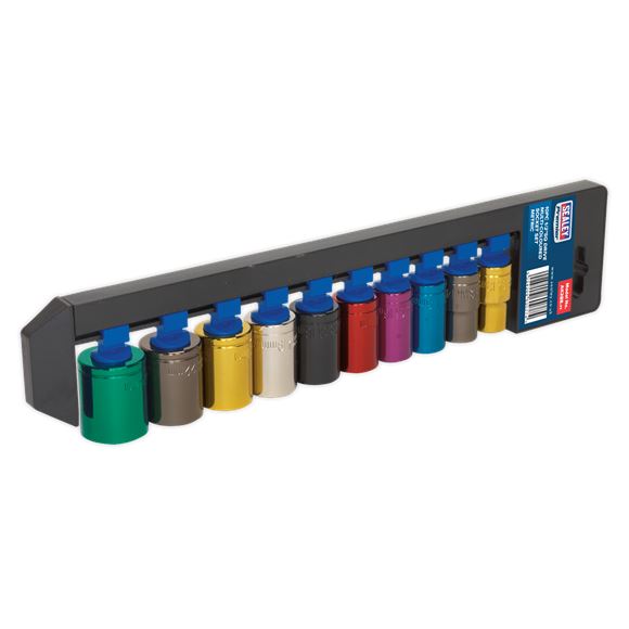 Sealey Premier 10pc 1/2" Drive Multi Coloured Hex Socket Set 13-24mm WallDrive Sealey  - Dynamic Drive