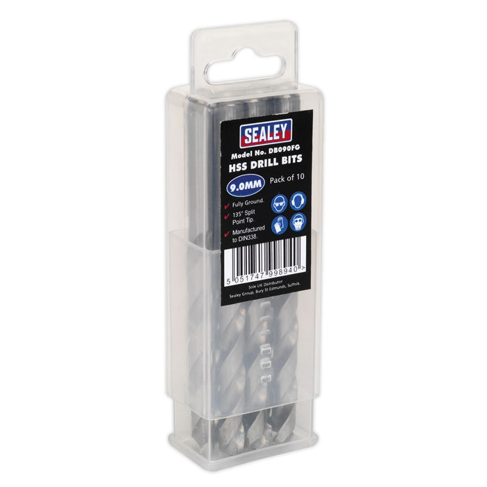 Sealey HSS Fully Ground Drill Bit 9mm Pack of 10 DB090FG Sealey  - Dynamic Drive