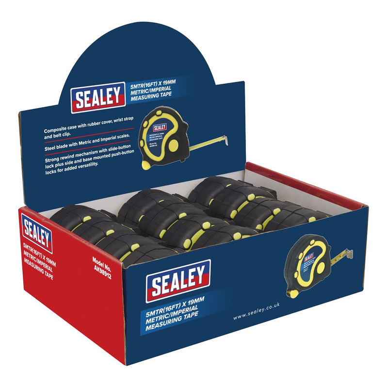 Sealey Rubber Tape Measure 5m(16ft) x 19mm Metric/Imperial Display Box of 12 Sealey - Dynamic Drive