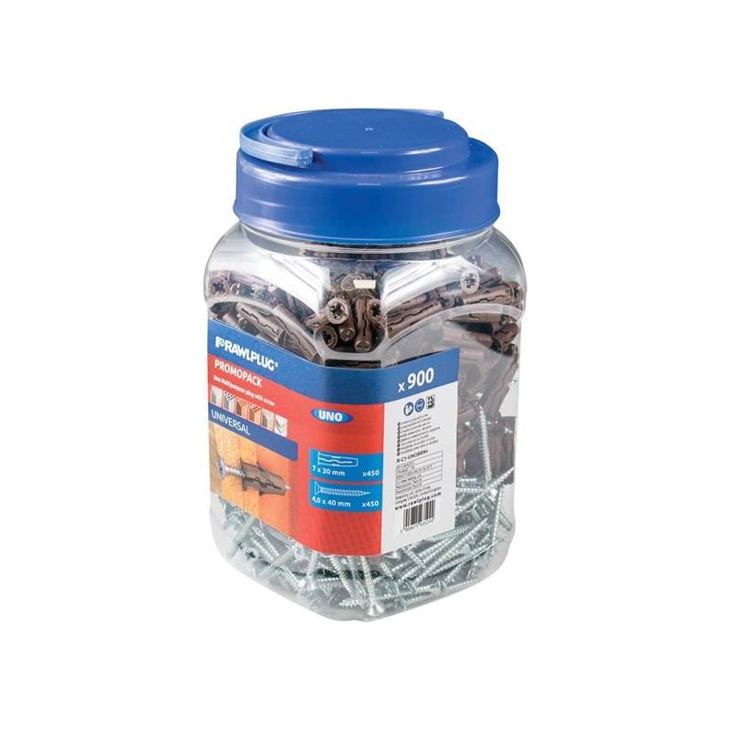 Rawlplug Brown UNO® Plugs & Screws in Jar (450 Plugs + 450 Screws) Rawlplug - Dynamic Drive