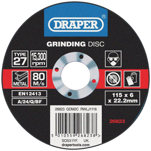 Draper Grinding Disc with Depressed Centre Bore, 115 x 6 x 22.2mm 26823 Draper - Dynamic Drive