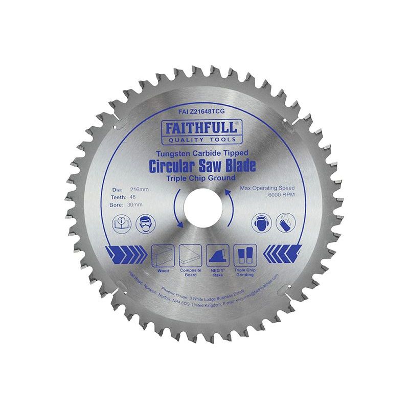Faithfull TCT Circular Saw Blade Triple Chip Ground 216 x 30mm x 48T NEG Faithfull - Dynamic Drive
