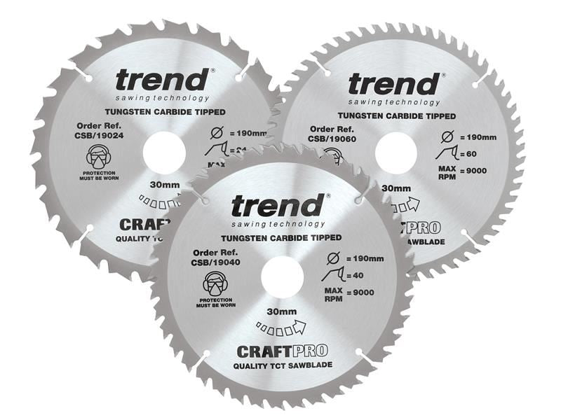 Trend CraftPro Saw Blade 190 x 30mm x 24T/40T/60T (Pack 3) Trend - Dynamic Drive