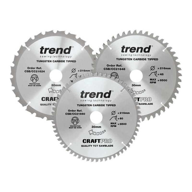 Trend CraftPro Mitre Saw Blade 216 x 30mm x 24T/48T/60T (Pack 3) Trend - Dynamic Drive