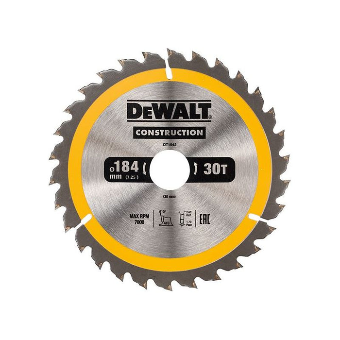 Dewalt Power Tools Portable Construction Circular Saw Blade 184 x 30mm x 30T DeWALT Power Tools - Dynamic Drive