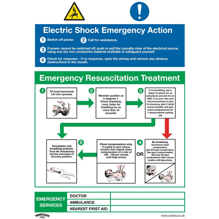 Sealey Safe Conditions Safety Sign Electric Shock Emergency Action Rigid Plastic Sealey  - Dynamic Drive