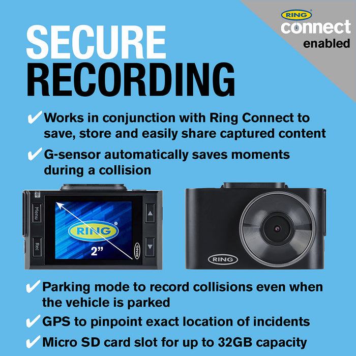 Ring Car Dash Camera Motion Sensor HD 1296p Wi-Fi & App Enabled GPS Driving Ring Automotive  - Dynamic Drive