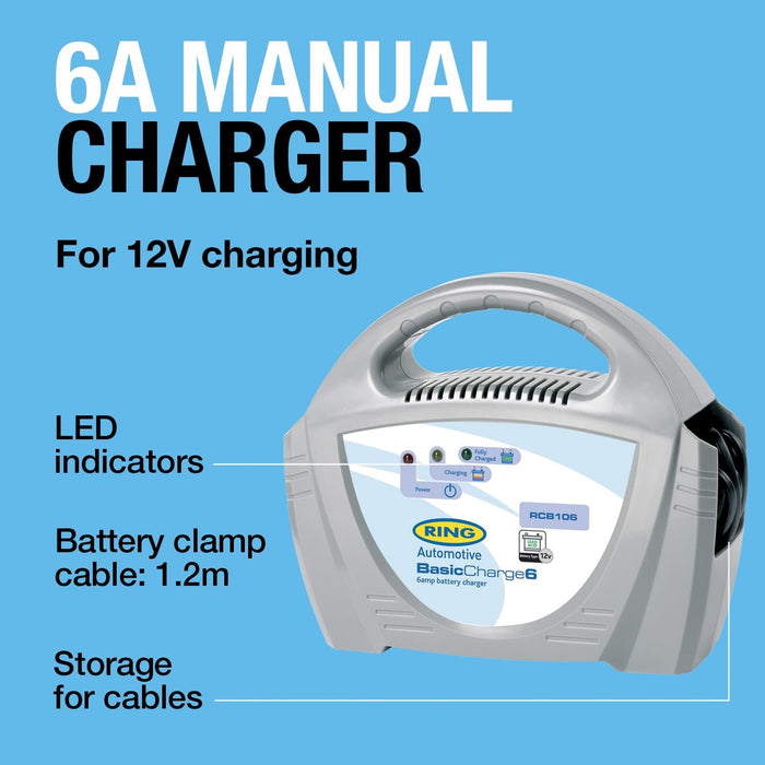Ring Automotive - RCB106 6A Battery Charger, 12V Lead Acid Batteries,Grey, Vehic Ring Automotive - Dynamic Drive