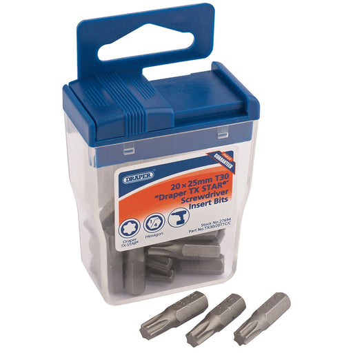 Draper TX-STAR Long Insert Bits in Plastic Storage Case, T30 x 25mm (Pack of 20) Draper - Dynamic Drive