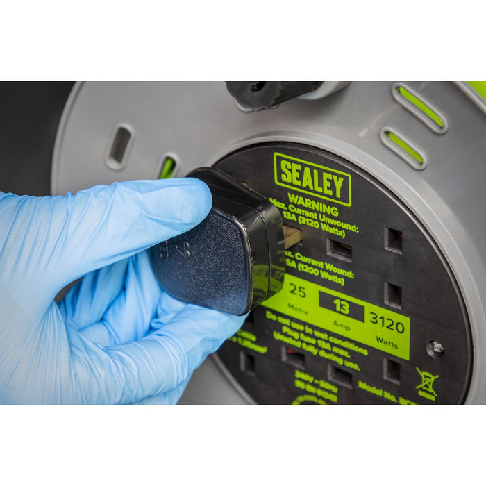 Sealey 25m Cable Reel with Thermal Trip 4 x 230V - Hi-Vis Green BCR25G Sealey - Dynamic Drive