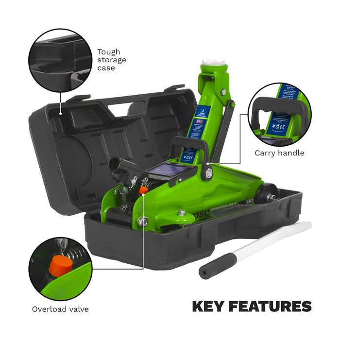 Sealey Short Chassis Trolley Jack with Storage Case 2 Tonne - Green 1050CXDHV Sealey - Dynamic Drive
