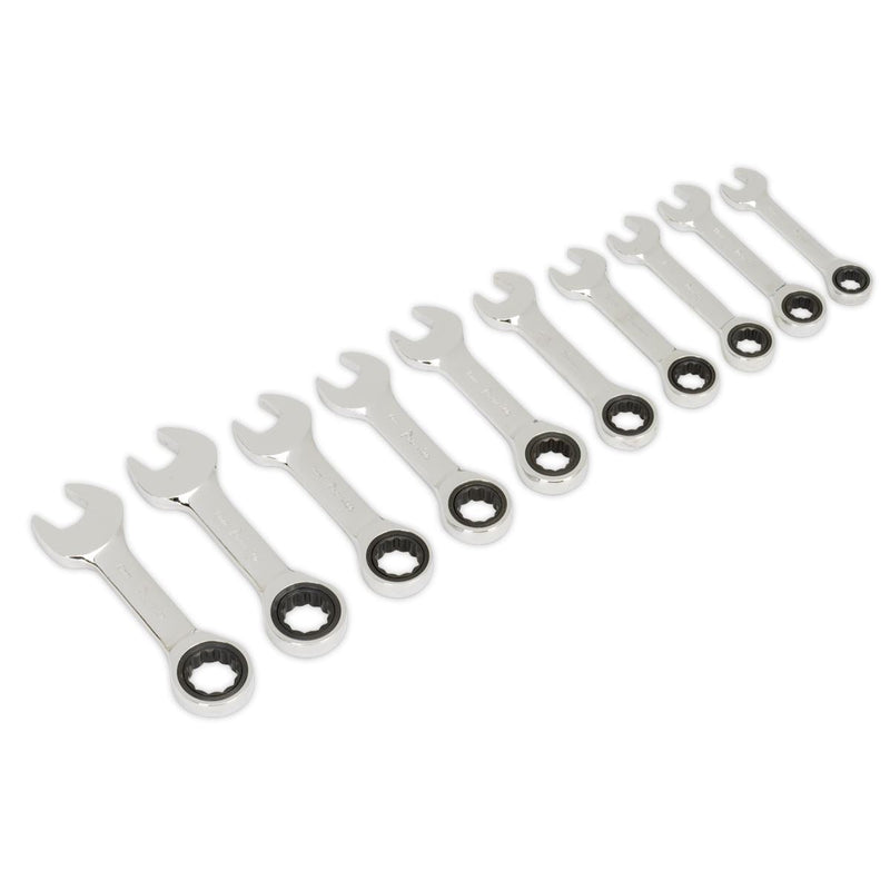 Sealey Combination Ratchet Spanner Set 10pc Stubby Metric AK6396 Sealey - Dynamic Drive