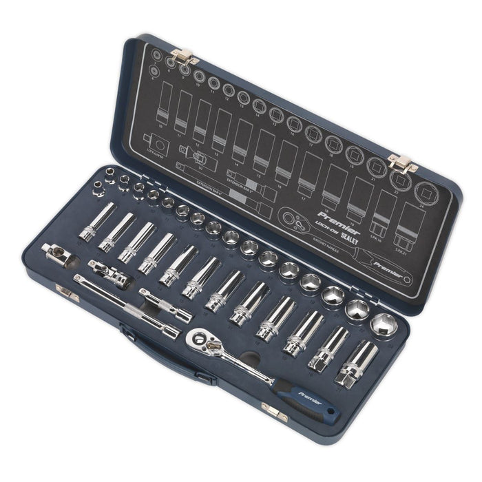 Sealey Premier 34pc 3/8" Drive Lock On Socket Set 6-24mm Ratchet Handle Sealey  - Dynamic Drive