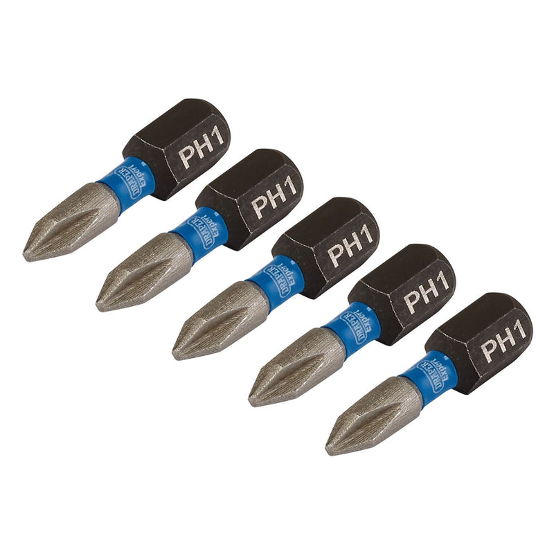 Draper Expert Cross Slot/PH Type Impact Screwdriver Bits, No.1 x 25mm, 1/4" Hex Draper - Dynamic Drive