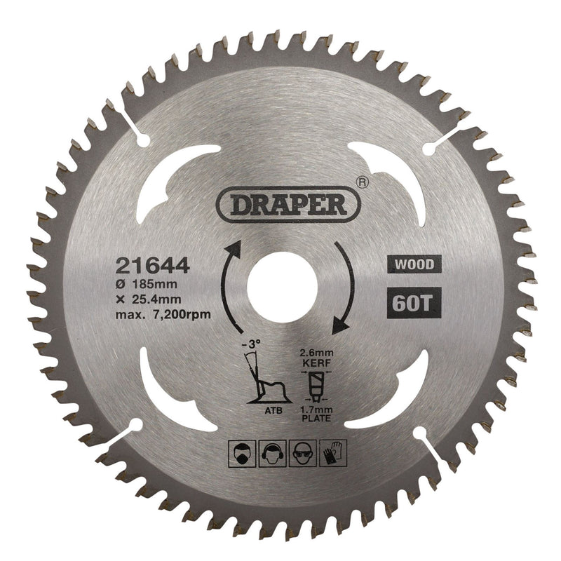 Draper TCT Circular Saw Blade for Laminate & Wood, 185 x 25.4mm, 60T 21644 Draper - Dynamic Drive