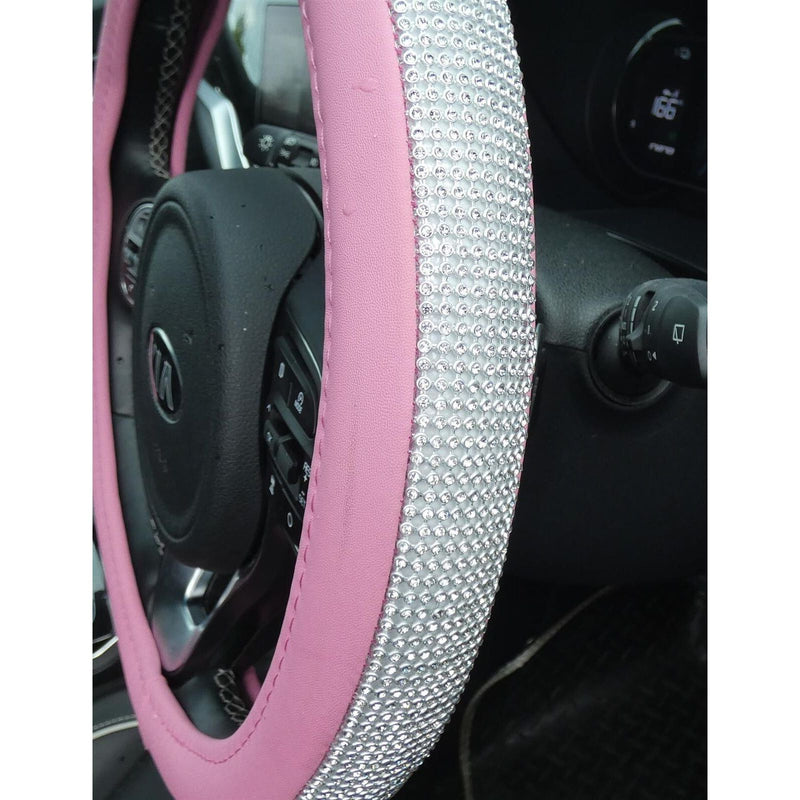 Pink Steering Wheel Cover 38cm PU Leather Crystal Bling Sparkle Rhinestone Decor Streetwize  - Dynamic Drive