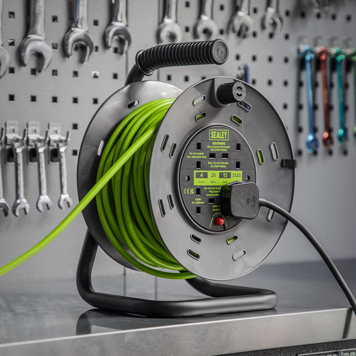 Sealey 25m Cable Reel with Thermal Trip 4 x 230V - Hi-Vis Green BCR25G Sealey - Dynamic Drive