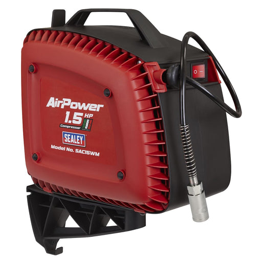 Sealey Wall Mounting Oil Free Air Compressor 1.5hp with 7m Retractable Hose Reel Sealey - Dynamic Drive