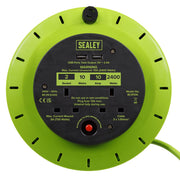 10m Cassette Type Cable Reel with Thermal Trip 2 x 230V & 2 x USB - Hi-Vis Green Sealey - Dynamic Drive