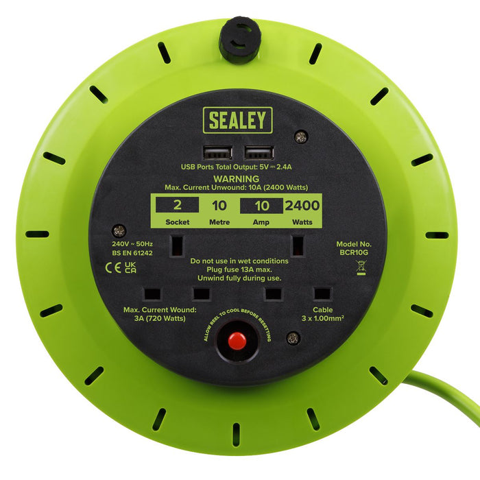 10m Cassette Type Cable Reel with Thermal Trip 2 x 230V & 2 x USB - Hi-Vis Green Sealey - Dynamic Drive