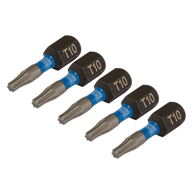 Draper Expert TX-STAR Impact Screwdriver Bits, T10 x 25mm, 1/4" Hex (Pack of 5) Draper - Dynamic Drive