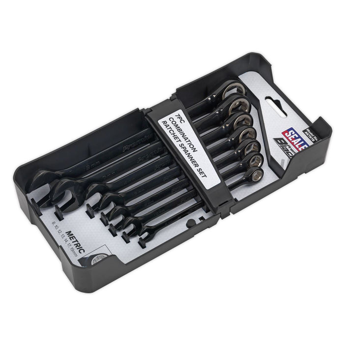 Sealey Premier Black Series 7pc Ratchet Combination Spanners Set 72 Tooth 8-19mm Sealey  - Dynamic Drive