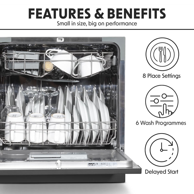 Baridi Tabletop Dishwasher 8 Place Settings 8L Capacity - Black DH88 Baridi - Dynamic Drive