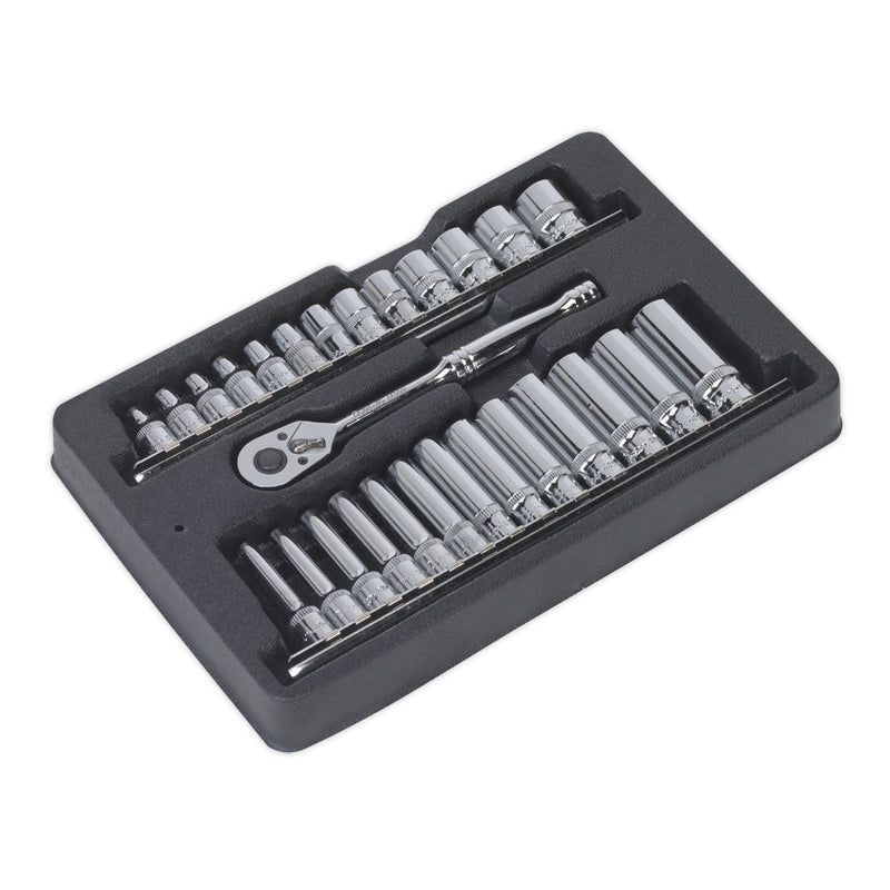 Sealey Ratchet Wrench & Socket Rail Set 27pc 1/4"Sq Drive AK66481 Sealey - Dynamic Drive