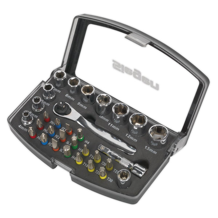 Siegen 30pc 1/4" Square Drive Ratchet Socket & Bit Set Pozi Slotted Hex Trx Siegen  - Dynamic Drive