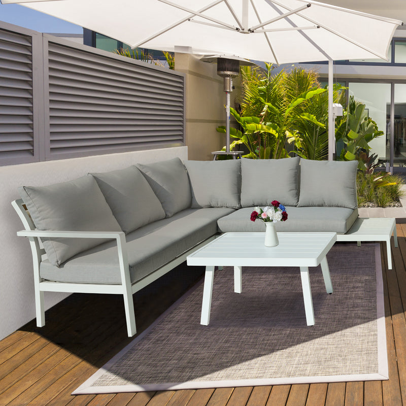 Dellonda Kyoto White 3 Piece Outdoor Garden Corner Sofa & Coffee Table Set Dellonda  - Dynamic Drive