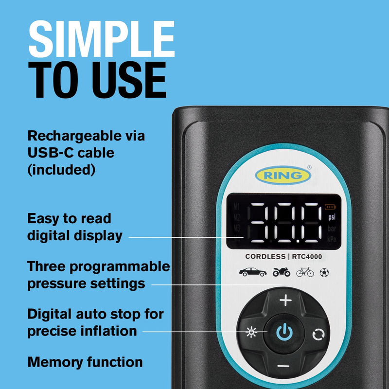 Ring Automotive RTC4000 cordless tyre inflator air compressor car pump. Recharge Ring Automotive - Dynamic Drive
